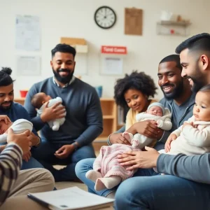 Young fathers participating in a parenting workshop