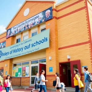 Exterior view of Alvin Brooks Middle School with students outside