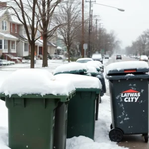 Snow-covered trash bins on a Kansas City street