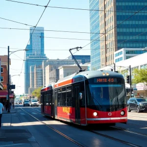 Kansas City streetcar traveling on Main Street with local shops in the background.