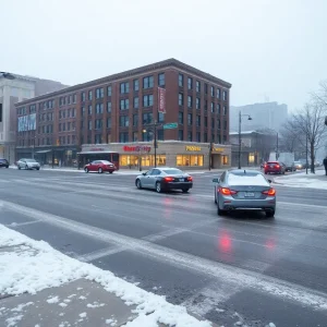 A snowy street in Kansas City showing heavy snowfall during a winter storm.