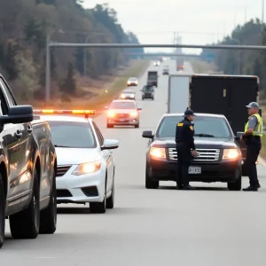 Law enforcement officers conducting an operation on a highway.