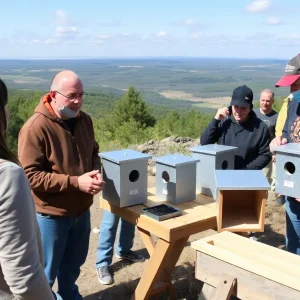 Volunteers building aluminum nesting boxes for peregrine falcons.