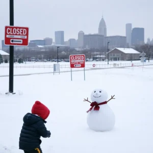 Snow-covered Kansas City school with closed sign and children playing in the snow