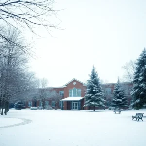 A winter scene of a school covered in snow in Kansas City.