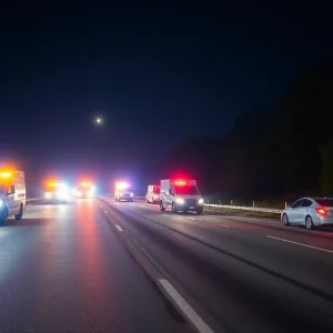 Scene of a tragic collision on I-49 with emergency response vehicles present.