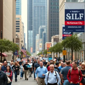 Crowd of people discussing politics in Kansas City