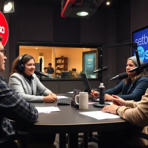 Community members collaborating in radio studio