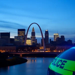 St. Louis city skyline at dusk with police symbolism