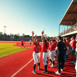 Grand Forks softball team celebrating on the field at Albrecht Field.