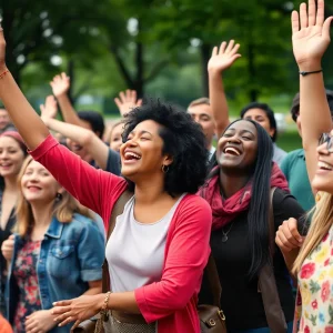 Community members celebrating the safe return of two missing teenagers.