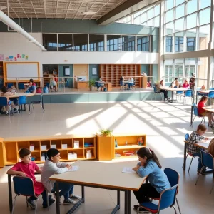 Kansas City public school students learning in a bright and modern classroom.