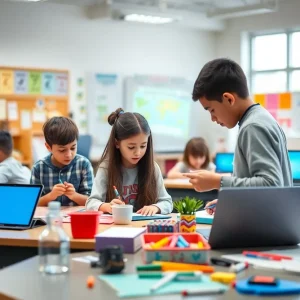 Students engaged in a modern classroom setting with technology and arts materials.