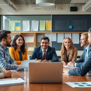 Diverse professionals discussing education policies in a boardroom