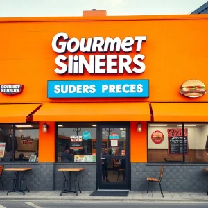 Exterior view of Smalls Sliders restaurant with bright orange containers