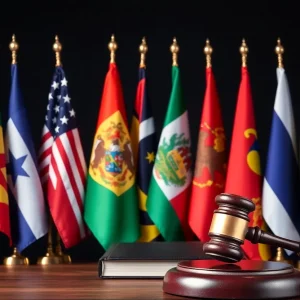 Diverse state flags and legal books representing a coalition against tariffs.