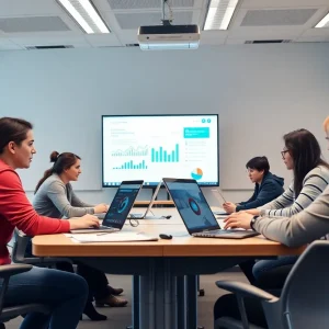 Students learning business analytics in a university classroom