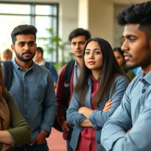 Group of international students discussing visa issues at university