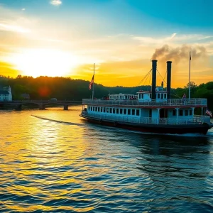 River scene with a steamboat and historical artifacts.