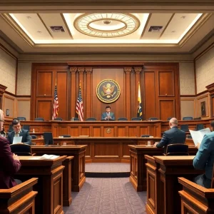 Courtroom setting depicting legal proceedings