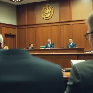 Courtroom scene representing tax fraud legal proceedings