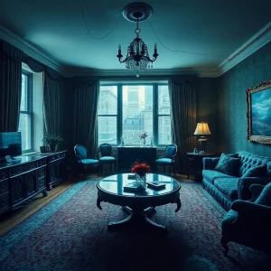 A disturbing scene in a luxurious apartment, suggesting crime and danger.