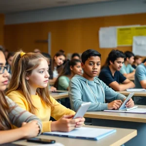 High school students focused on learning in a classroom environment without personal electronic devices.