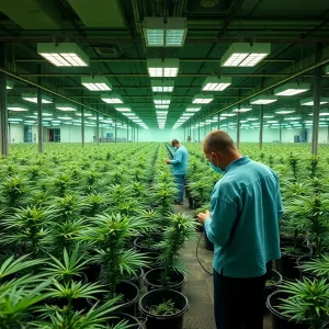 Workers inside Illicit Gardens cultivating marijuana plants.