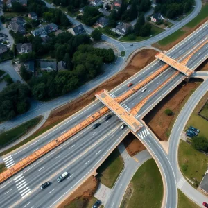Aerial view of K-10 interchange plans near schools and residential areas