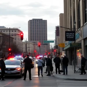 A view of Kansas City street with police presence and community members discussing safety