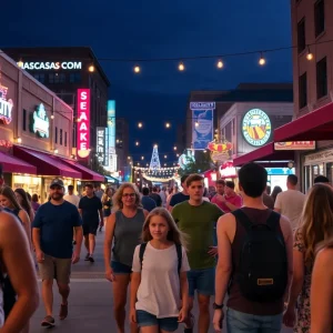 Night scene in Kansas City with families and teenagers in entertainment districts