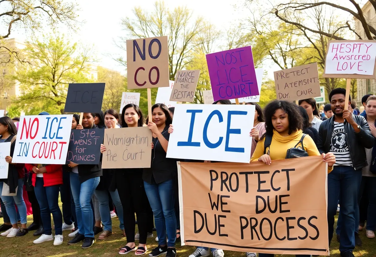 Protesters holding signs at Kansas City rally against ICE's court arrests.