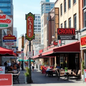 Diverse restaurants on a street in Kansas City highlighting food safety