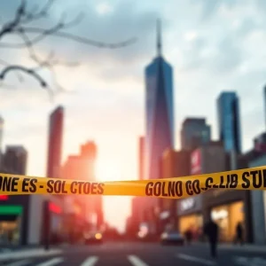 Kansas City skyline with police tape and retail stores