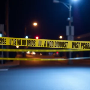 Police tape and emergency lights at a crime scene in Kansas City.
