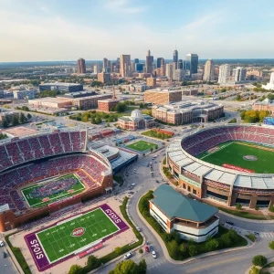 Aerial view of Kansas City sports complex with stadiums for football and baseball.