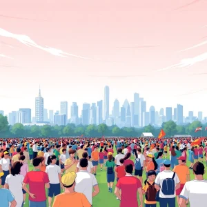 A vibrant sports event in Kansas City with a skyline backdrop.