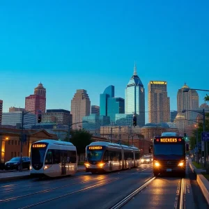Kansas City skyline with streetcars on 18th Street