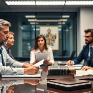 Law office with legal books and professionals collaborating