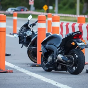 Scene of motorcycle crash with debris and barrier posts in Kansas City