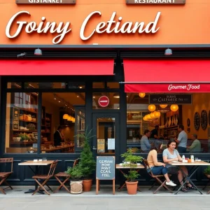 Exterior view of New York Butcher Shoppe with diners enjoying food.