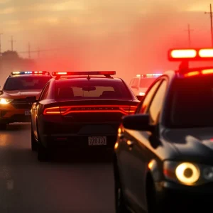 Dramatic police chase scene in an urban setting highlighting law enforcement efforts against drug trafficking.