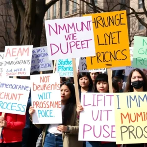 Protesters holding signs advocating for immigrant rights in Kansas City.