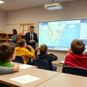 Students in a classroom learning about severe weather safety procedures
