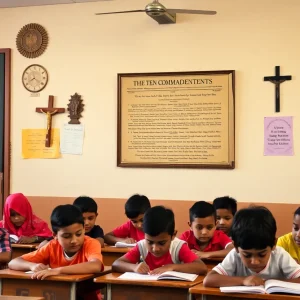 Public school classroom displaying the Ten Commandments