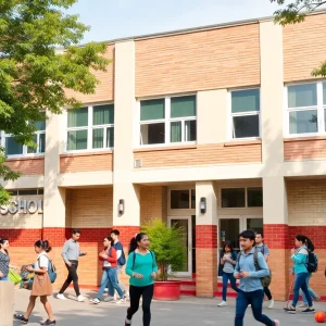 Exterior view of Wyandotte High School with students