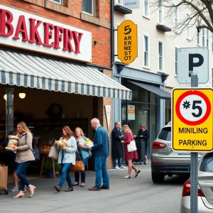 15-minute parking sign in front of a bakery