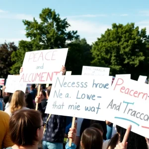 Participants at the anti-war rally in Kansas City holding signs