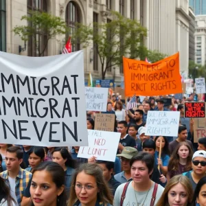 Crowd of protesters marching for immigrant rights in Chicago.