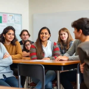 Students discussing gender identity in an inclusive classroom environment.